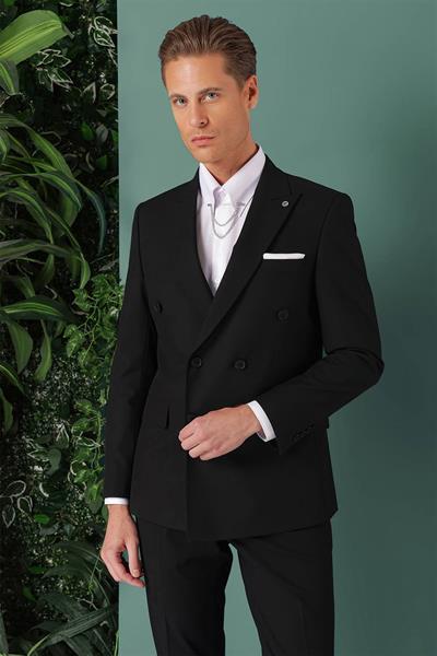 Tk 885 Slim Fit Yünlü Kruvaze Klasik Siyah Takım Elbise 