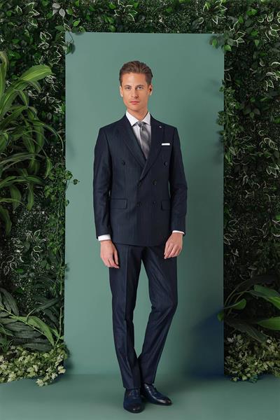 Tk 888 Slim Fit Yağmur Deseni Çizgili Kruvaze Klasik Lacivert Takım Elbise 