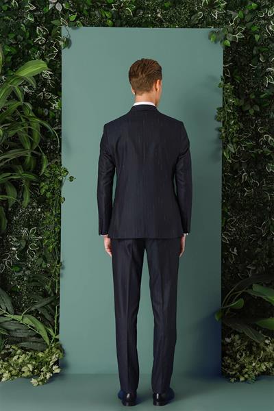 Tk 888 Slim Fit Yağmur Deseni Çizgili Kruvaze Klasik Lacivert Takım Elbise 