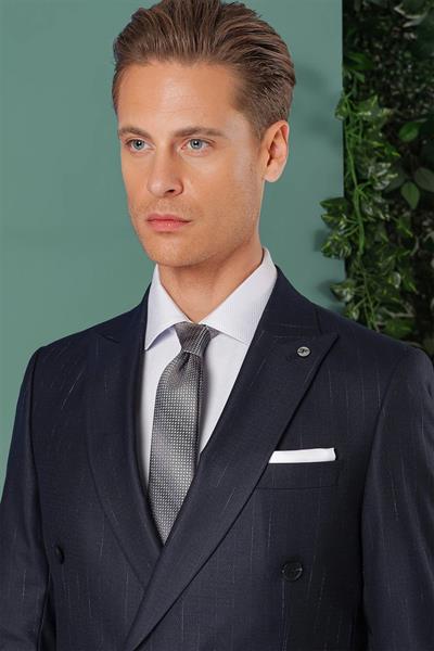 Tk 888 Slim Fit Yağmur Deseni Çizgili Kruvaze Klasik Lacivert Takım Elbise 