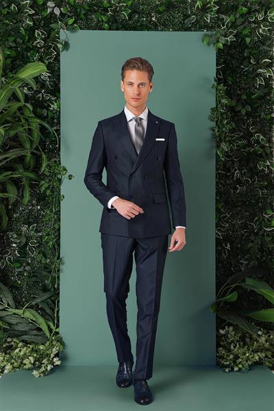Tk 888 Slim Fit Yağmur Deseni Çizgili Kruvaze Klasik Lacivert Takım Elbise 