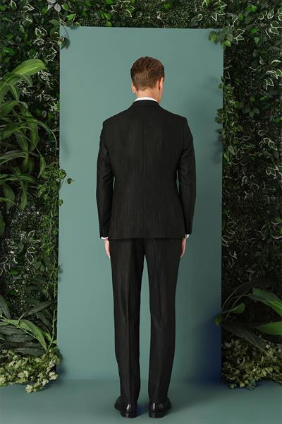 Tk 888 Slim Fit Yağmur Deseni Çizgili Kruvaze Klasik Siyah Takım Elbise 