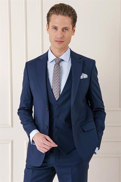 Tk 890 Slim Fit Düz Esnek Yelekli Klasik Lacivert Takım Elbise 