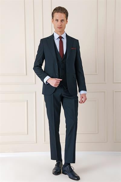 Tk 891 Slim Fit Düz Yelekli Klasik Lacivert Takım Elbise