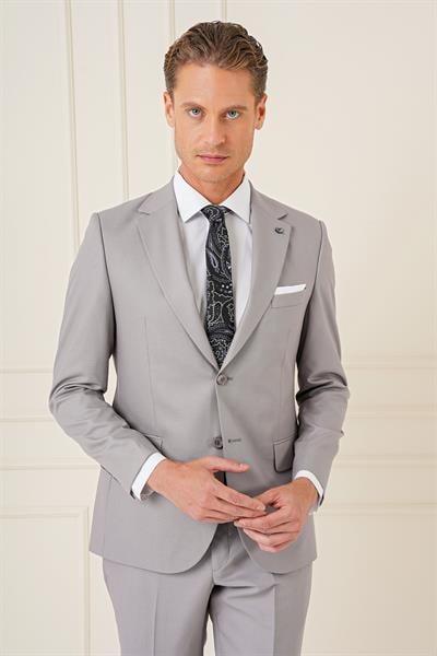 Tk 893 Slim Fit Jakarlı Çift Yırtmaç Klasik Gri Takım Elbise
