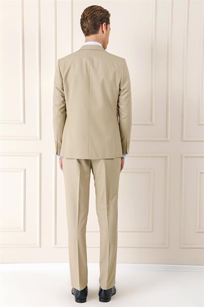 Tk 893 Slim Fit Jakarlı Çift Yırtmaç Klasik Bej Takım Elbise