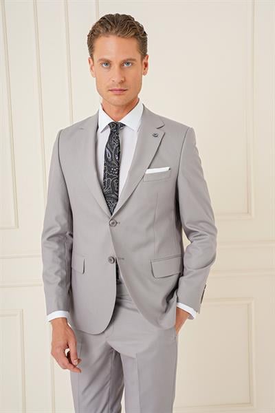 Tk 893 Slim Fit Jakarlı Çift Yırtmaç Klasik Gri Takım Elbise