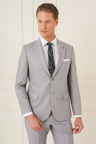 Tk 893 Slim Fit Jakarlı Çift Yırtmaç Klasik Gri Takım Elbise