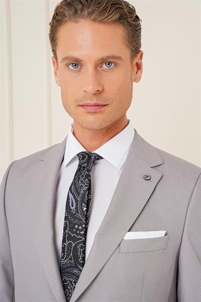 Tk 893 Slim Fit Jakarlı Çift Yırtmaç Klasik Gri Takım Elbise