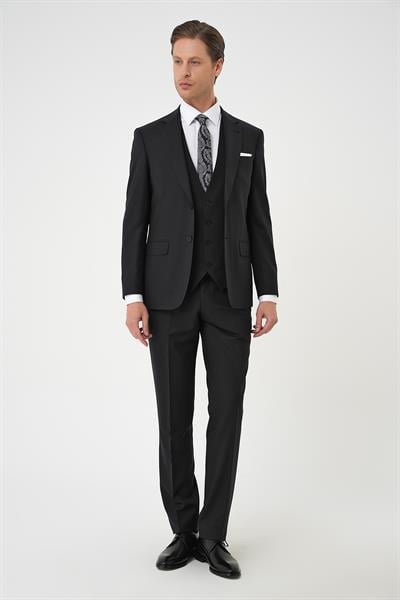Tk 894 Slim Fit Düz Esnek Yelekli Klasik Siyah Takım Elbise