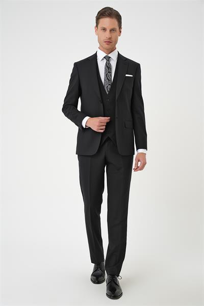 Tk 894 Slim Fit Düz Esnek Yelekli Klasik Siyah Takım Elbise