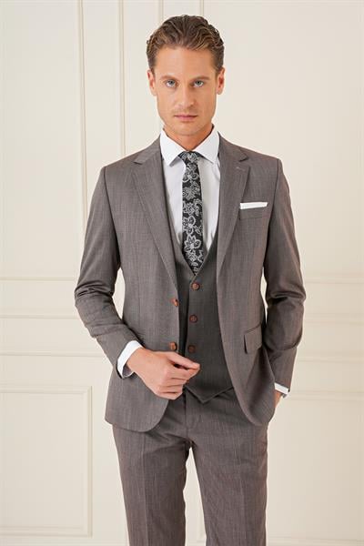 Tk 897 Slim Fit Esnek Yelekli Klasik Vizon Takım Elbise