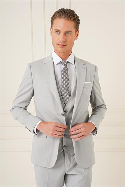 Tk 898 Slim Fit Dokulu Çift Yırtmaç Yelekli Klasik Gri Takım Elbise