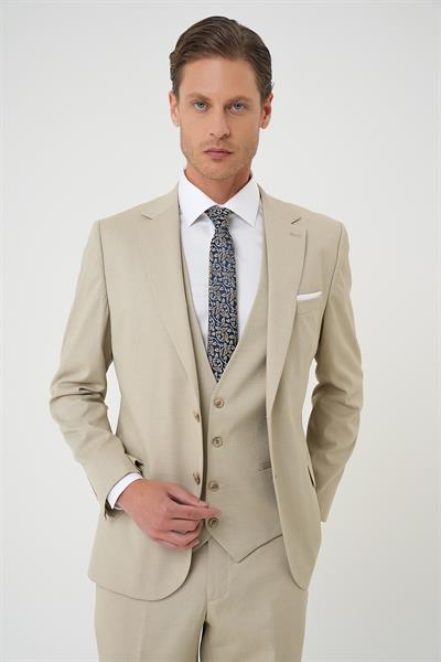 Tk 898 Slim Fit Dokulu Çift Yırtmaç Yelekli Klasik Bej Takım Elbise