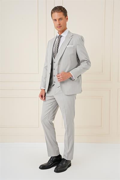 Tk 898 Slim Fit Dokulu Çift Yırtmaç Yelekli Klasik Gri Takım Elbise