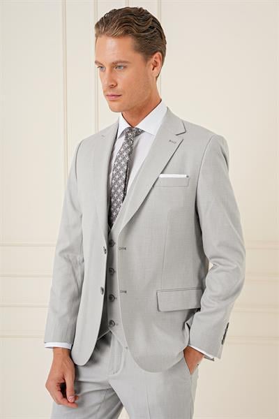 Tk 898 Slim Fit Dokulu Çift Yırtmaç Yelekli Klasik Gri Takım Elbise