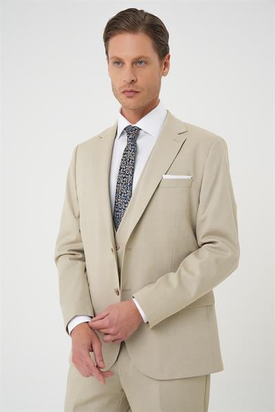 Tk 898 Slim Fit Dokulu Çift Yırtmaç Yelekli Klasik Bej Takım Elbise