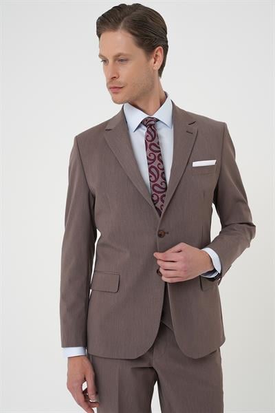 Tk 901 Slim Fit Esnek Çift Yırtmaç Yelekli Düz Klasik Vizon Takım Elbise 