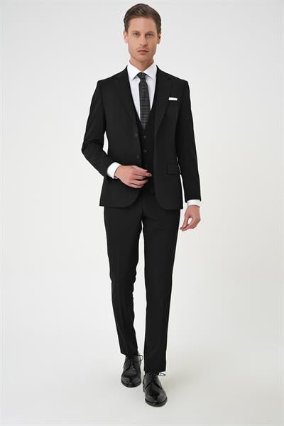 Tk 901 Slim Fit Esnek Çift Yırtmaç Yelekli Düz Klasik Siyah Takım Elbise 