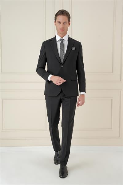 Tk 912 Slim Fit Çift Yırtmaç Mono Yaka Klasik Siyah Takım Elbise