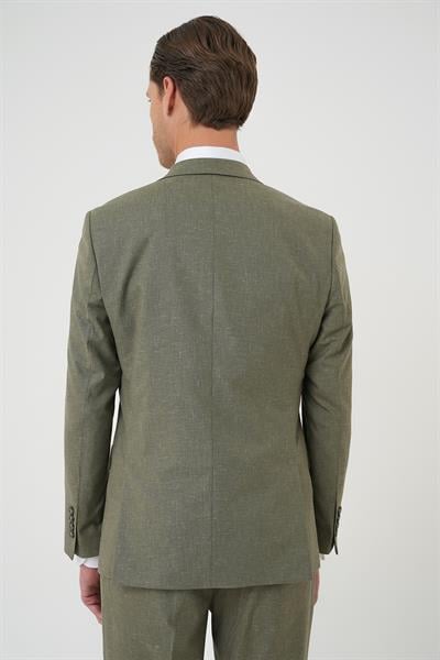 Tk 914 Slim Fit Çift Yırtmaç Keten Karışımlı Yelekli Klasik Haki Takım Elbise 