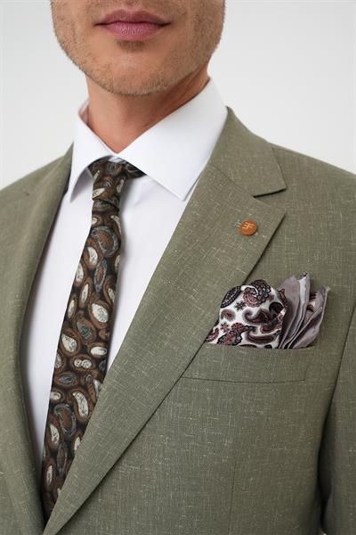 Tk 914 Slim Fit Çift Yırtmaç Keten Karışımlı Yelekli Klasik Haki Takım Elbise 