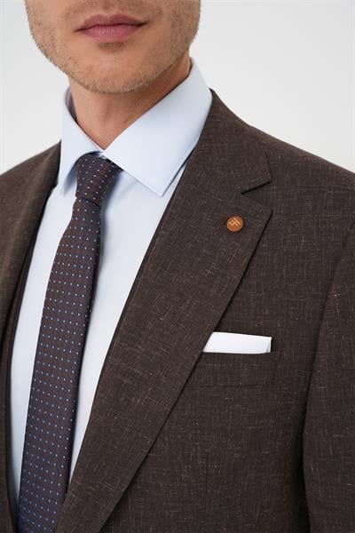 Tk 914 Slim Fit Çift Yırtmaç Keten Karışımlı Yelekli Klasik Kahve Takım Elbise 