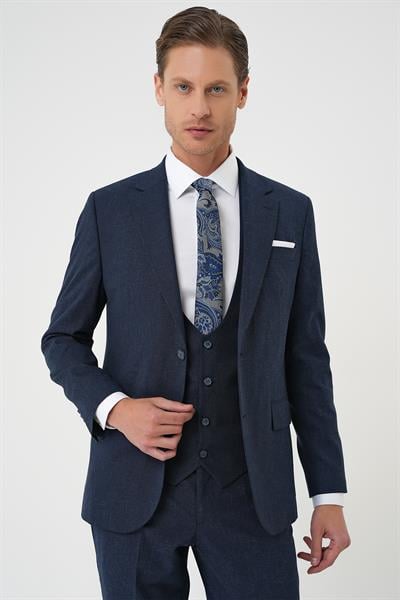 Tk 914 Slim Fit Çift Yırtmaç Keten Karışımlı Yelekli Klasik Lacivert Takım Elbise 
