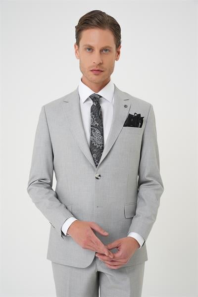 Tk 915 Slim Fit Çift Yırtmaç Dokulu Esnek Klasik Gri Takım Elbise