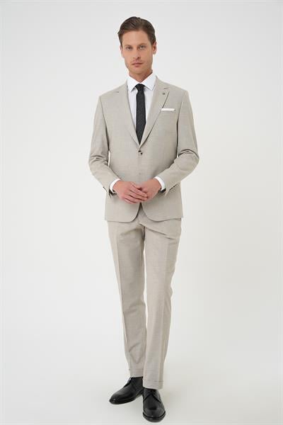 Tk 915 Slim Fit Çift Yırtmaç Dokulu Esnek Klasik Bej Takım Elbise