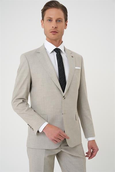 Tk 915 Slim Fit Çift Yırtmaç Dokulu Esnek Klasik Bej Takım Elbise