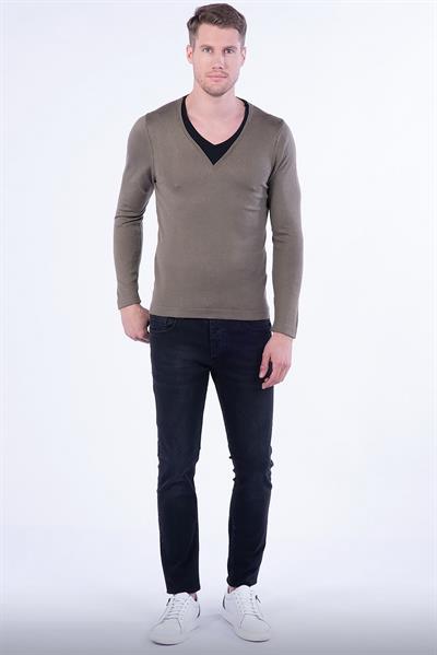 TR 791 Slim Fit Haki V Yaka Triko