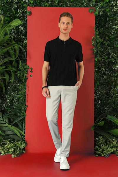 Tr 865 Slim Fit Fermuarlı Polo Yaka Kısa Kol Siyah Triko