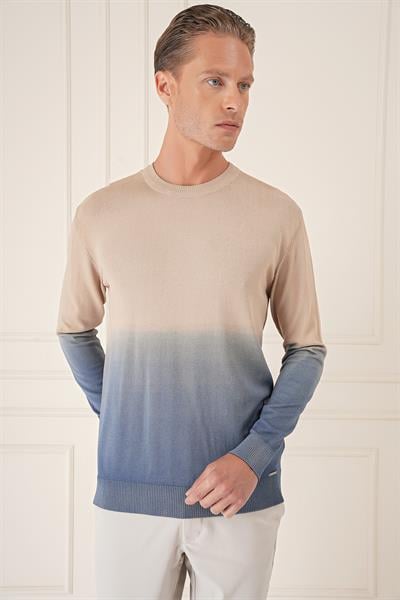 Tr 866 Slim Fit Degrade Desen Bisiklet Yaka Mavi Triko