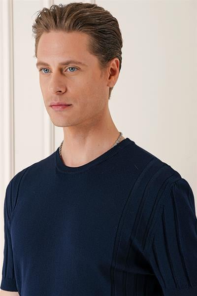 Tr 869 Slim Fit Bisiklet Yaka Kısa Kol Lacivert Triko