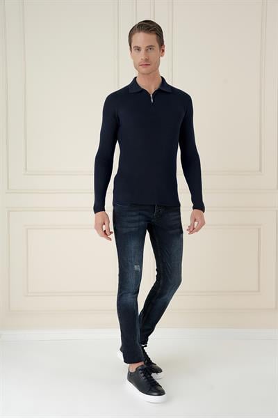 TR 878 Slim Fit Lacivert Klasik Triko