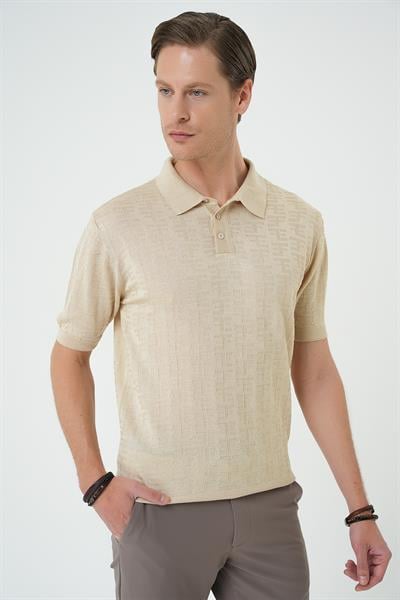 Tr 880 Comfort Fit Polo Yaka Pamuklu Kısa Kol Casuel Bej Triko Tişört