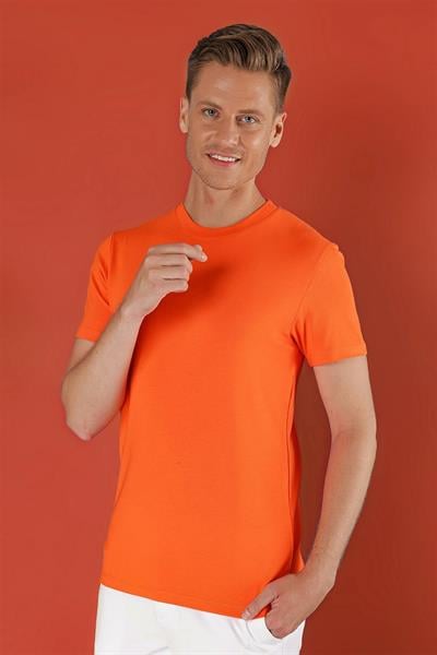 Ts 823 Slim Fit Bisiklet Yaka Düz Pamuklu Oranj Tişört