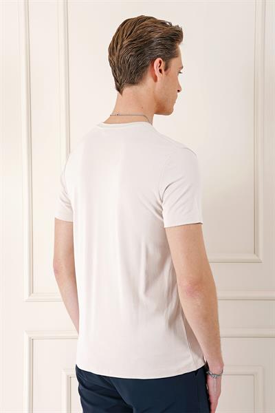 Ts 823 Slim Fit Bisiklet Yaka Düz Pamuklu Açık Bej Tişört