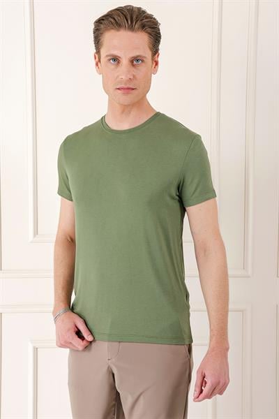 Ts 823 Slim Fit Bisiklet Yaka Düz Pamuklu Haki Tişört