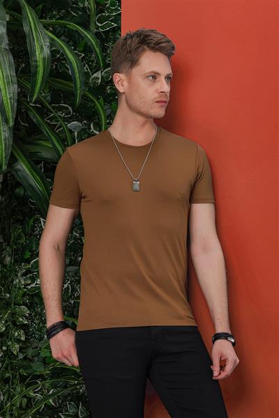 Ts 823 Slim Fit Bisiklet Yaka Düz Pamuklu Tarçın Tişört