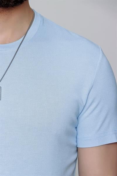 Ts 823 Slim Fit Bisiklet Yaka Düz Pamuklu Mavi Tişört