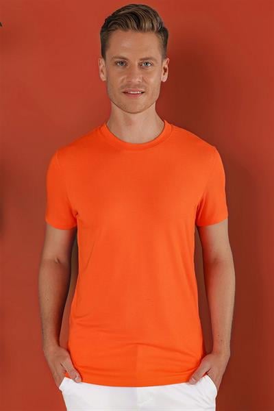 Ts 823 Slim Fit Bisiklet Yaka Düz Pamuklu Oranj Tişört