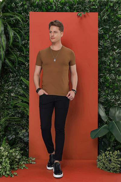 Ts 823 Slim Fit Bisiklet Yaka Düz Pamuklu Tarçın Tişört