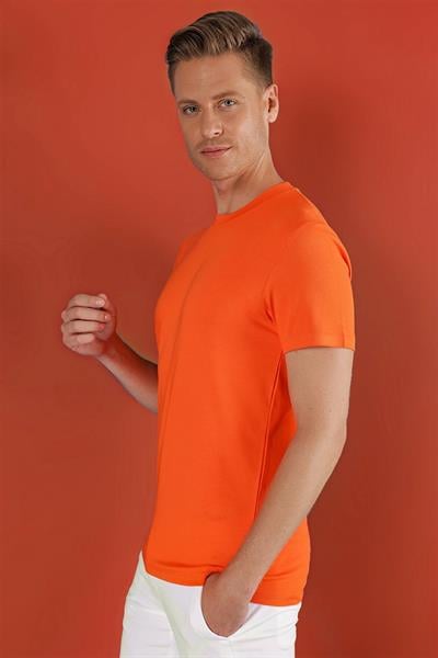 Ts 823 Slim Fit Bisiklet Yaka Düz Pamuklu Oranj Tişört