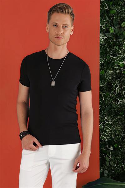 Ts 823 Slim Fit Bisiklet Yaka Düz Pamuklu Siyah Tişört