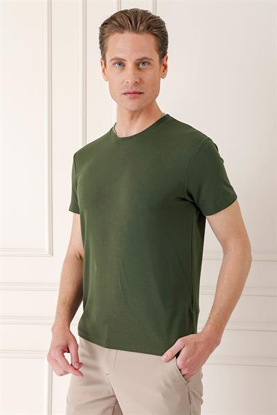 Ts 823 Slim Fit Bisiklet Yaka Düz Pamuklu Koyu Yeşil Tişört
