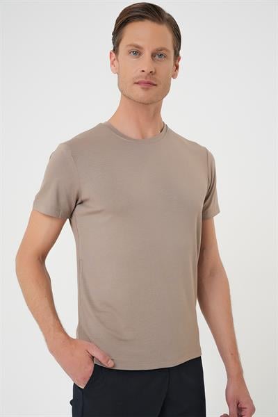 Ts 823 Slim Fit Bisiklet Yaka Düz Pamuklu Vizon Tişört