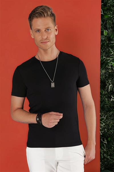 Ts 823 Slim Fit Bisiklet Yaka Düz Pamuklu Siyah Tişört