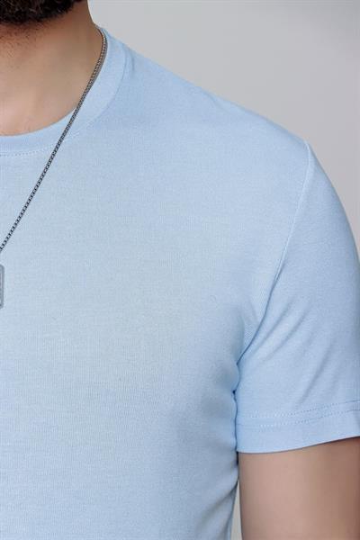 Ts 823 Slim Fit Bisiklet Yaka Düz Pamuklu Mavi Tişört